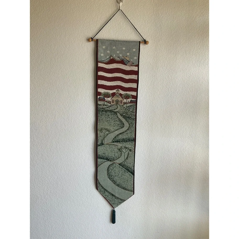 Vintage‎ Americana Woven Tapestry Wall Hanging Patriotic Schoolhouse Banner